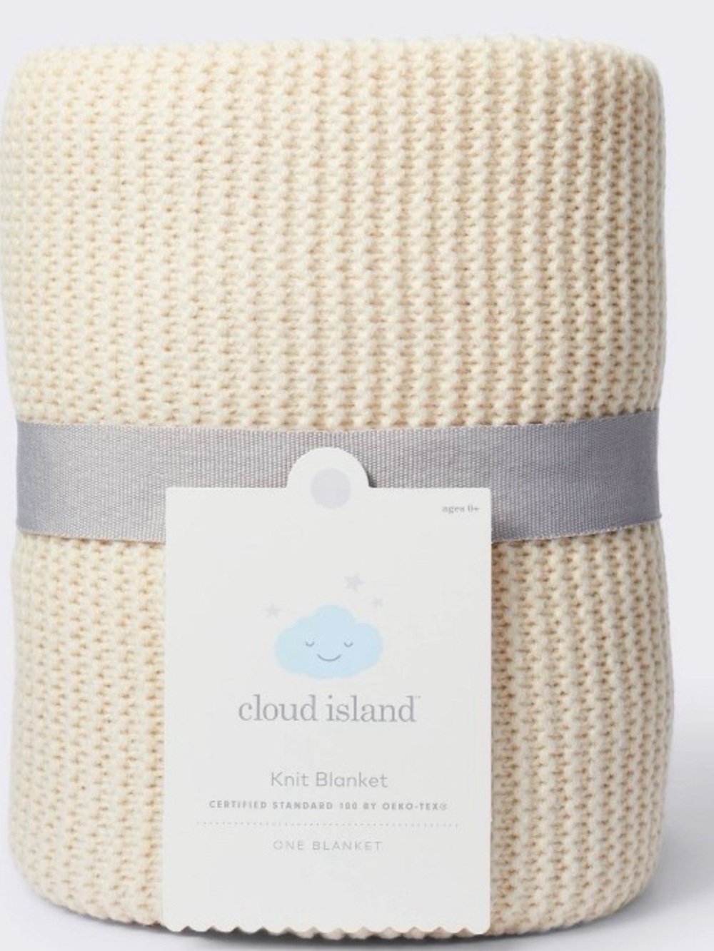 Cloud Island Cream Knit Baby Blanket with Gray Ribbon